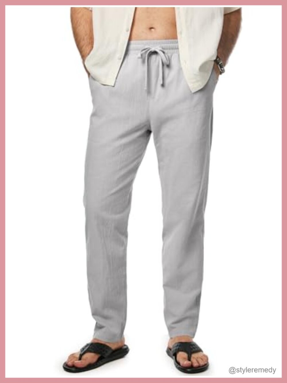 Men's 100% Cotton Casual Pants Elastic Drawstring Lightweight Summer Beach